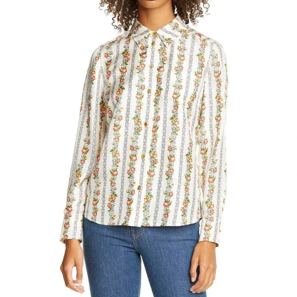 NWT Tory Burch Bridgette Silk Blouse Shirt Gemini Link Rose sz 4 $398 Floral Geo